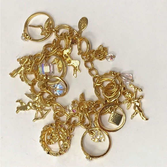 Kirks Folly charm bracelet crystal gold rings hearts cherubs dangles -Bnwot - Picture 3 of 15